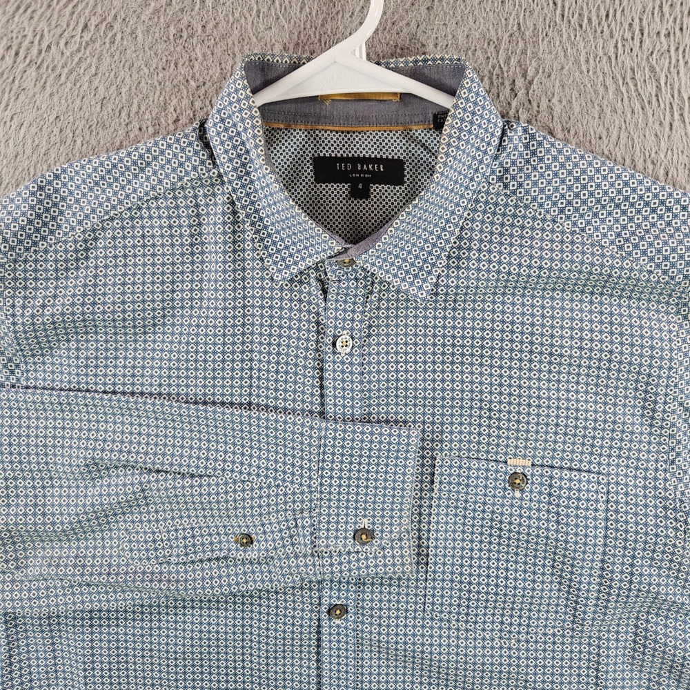 Ted Baker London THEWOLF Mens Blue Geometric Diamond Button Down Shirt Size 4‎ L